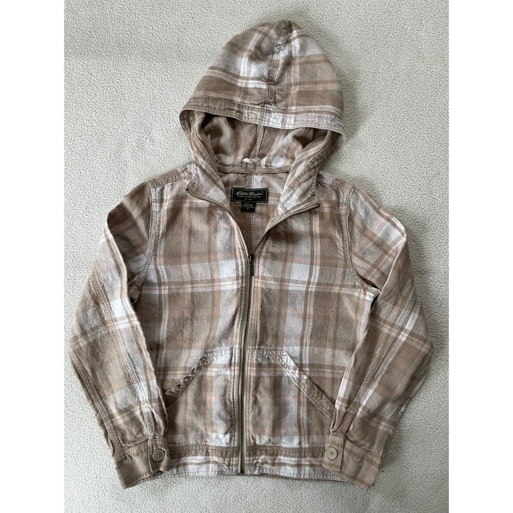 Eddie Bauer Womens Small Zip Hoodie Tan Plaid 100% Linen Lightweight Jacket